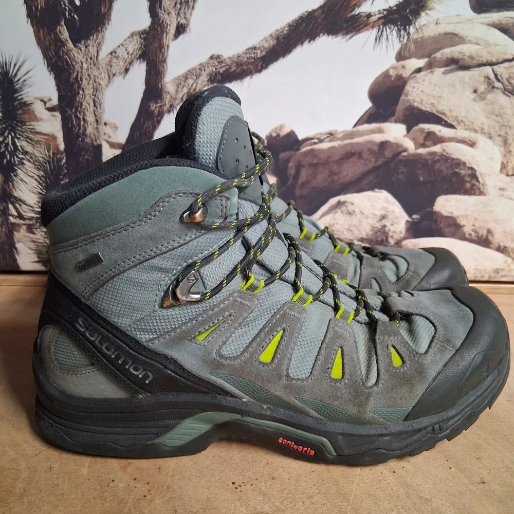 Salomon Mens Gore-Tex Hiking Boots Grey Green Suede Waterproof Mid Top Sz 10.5